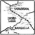 Map of Bangalla's border to democratic Ivory-Lana and dictatorial Tarashima.